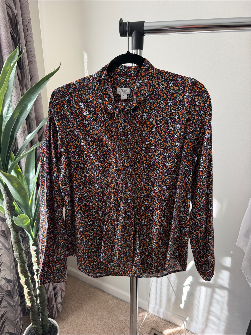 J. Crew Black Floral Button-Down Shirt with Orange, Blue, Red and White Blossoms